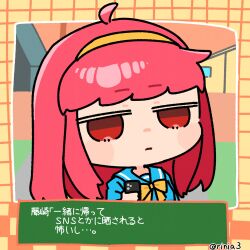  1girl blue_shirt blush blush_stickers bow bowtie chibi fujisaki_shiori hairband highres honmirin jitome pink_hair plaid_background red_eyes sailor_collar school_uniform shirt solo tokimeki_memorial upper_body yellow_bow yellow_hairband 