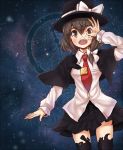  1girl blush brown_eyes brown_hair capelet clock collared_shirt fuente hat long_sleeves miniskirt necktie skirt sky solo star star_(sky) starry_background starry_sky thigh-highs touhou usami_renko 