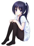  1girl black_eyes black_hair black_legwear bow hair_bow hair_ribbon irimo-m long_hair looking_at_viewer no_shoes original pantyhose ponytail ribbon simple_background sitting solo thighband_pantyhose white_background 