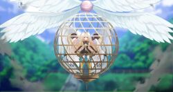  1girl bird_nest black_dress blonde_hair boots clothing_cutout date_a_live day detached_sleeves dress game_cg gekijouban_date_a_live:_mayuri_judgement long_hair mayuri_(date_a_live) official_art open_mouth outdoors solo standing thigh_boots third-party_source tree white_wings wings 