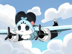  :3 ai-generated_art_(topic) aircraft airplane animal_ears blush_stickers bombardiro_crocodilo chattino_(raora_panthera) clouds commentary flying highres hololive hololive_english italian_brainrot_ai_animals_(meme) meme motion_blur no_humans outdoors propeller virtual_quokka virtual_youtuber 