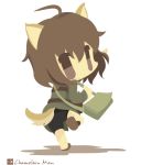  1girl ahoge animal_ears artist_name bag bike_shorts chameleon_man_(three) chibi dog_ears dog_tail from_behind inufusa_yuno jacket leg_up long_sleeves looking_back military military_uniform shadow short_hair simple_background solo standing_on_one_leg strike_witches tail uniform white_background 