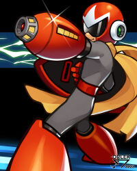  1boy absurdres aiming arm_cannon artist_name assault_visor black_background bodysuit grey_bodysuit helmet highres holding holding_shield male_focus mega_man_(classic) mega_man_(series) orlek proto_man red_helmet scarf shield simple_background smile solo weapon yellow_scarf 