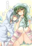  2girls blue_hair cirno closed_eyes daiyousei fairy_wings finger_to_mouth green_eyes green_hair hat hat_with_ears highres hood ice ice_wings knees_together_feet_apart leaning_on_person long_hair mimoto_(aszxdfcv) multiple_girls pajamas shushing sleeping smile socks striped striped_legwear touhou wings 