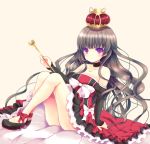  1girl bare_arms bare_shoulders bow brown_hair choker collarbone crown detached_sleeves dress frilled_dress frills highres ichiru_(artist) long_hair looking_at_viewer off_shoulder original serious simple_background solo violet_eyes wand 