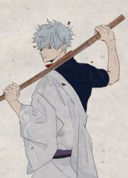  1boy absurdres arm_up belt black_shirt closed_mouth commentary_request cowboy_shot ghqjyu gintama grey_hair highres holding holding_sword holding_weapon japanese_clothes kimono long_sleeves looking_back male_focus popped_collar red_eyes red_trim sakata_gintoki shirt short_hair short_sleeves smile solo standing sword weapon wide_sleeves wooden_sword yukata 