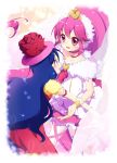  2girls aino_megumi blue_eyes blue_hair brooch choker cure_lovely flower happinesscharge_precure! hat incipient_hug jewelry kuune_rin long_hair magical_girl multiple_girls pantyhose pink_eyes pink_hair pink_skirt ponytail precure red_rose rose skirt smile super_happiness_lovely tiara tsumugi_(happinesscharge_precure!) white_legwear wings wrist_cuffs 