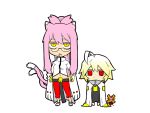  2girls ahoge animal_ears blazblue blonde_hair bodysuit candy cape cat_ears cat_tail chibi glasses jin_(mugenjin) kokonoe lambda-11 multiple_girls navel pink_hair red_eyes tail yellow_eyes 