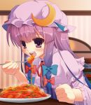 15_(tooka) 1girl blush bow crescent eating hair_bow hat long_hair open_mouth patchouli_knowledge purple_hair solo spaghetti touhou violet_eyes 
