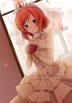  1girl bare_shoulders blush bouquet dress elbow_gloves flower gloves looking_at_viewer love_live!_school_idol_project nishikino_maki redhead rose short_hair solo violet_eyes wedding_dress whiisky white_gloves 