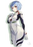  1girl arm_behind_back ayanami_rei blue_hair cowboy_shot dated hand_on_own_chest looking_at_viewer neon_genesis_evangelion pisuke plugsuit red_eyes short_hair signature solo white_background 
