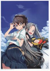  2girls absurdres adjusting_eyewear airi_(robotics;notes) back-to-back bare_shoulders belt belt_pouch black_dress blue_eyes blue_skirt brown_hair chest_bow chuo_tanegashima_high_school_uniform clothes_lift clouds crop_top dress ears_visible_through_hair fukuda_tomonori glasses grey_hair hair_between_eyes hair_bun hand_on_eyewear highres holding holding_tablet_pc holding_toy hooded_dress leather_belt long_hair looking_at_viewer midriff_peek miniskirt multiple_girls non-web_source official_art open_mouth outdoors pleated_skirt pouch red-framed_eyewear robotics;notes sailor sailor_collar school_uniform senomiya_akiho shirt shirt_lift short_sleeves sidelocks skirt skirt_lift sky sleeveless sleeveless_dress smile tablet_pc tanegashimachine-3 teeth thigh_peek thighs tongue toy toy_robot upper_teeth_only very_long_hair white_sailor_collar white_shirt 