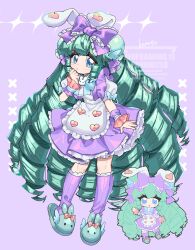  1girl animal_ears animal_slippers apron aqua_hair aqua_slippers blue_eyes borrowed_character bow bunny_slippers chibi commentary_request commission dress frilled_apron frilled_bow frills hair_bow highres kamota_(momokomati) lolita_fashion long_hair looking_at_viewer miruku_(cutesuu) original puffy_short_sleeves puffy_sleeves purple_background purple_bow purple_dress purple_socks rabbit rabbit_brooch rabbit_ears ringlets short_sleeves slippers socks solo_focus sweet_lolita very_long_hair watermark white_apron yume_kawaii 