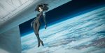  1girl black_hair bodysuit clouds cyborg earth gally gunnm highres justinas_vitkus science_fiction short_hair space space_station 