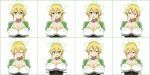  1girl absurdres blonde_hair breasts bryanz09 choker cleavage closed_eyes emofuri expressions green_eyes hair_between_eyes highres large_breasts leafa long_hair looking_at_viewer pointy_ears ponytail smile sword_art_online 