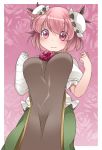  1girl bandages blush breasts bun_cover commentary_request double_bun flower hammer_(sunset_beach) ibaraki_kasen large_breasts looking_at_viewer pink_eyes pink_hair rose short_hair solo tabard touhou 