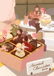  6+girls :d adjusting_bowtie black_bow black_bowtie black_hair blonde_hair bow bowtie box box_of_chocolates braid braided_hair_rings cupcake curly_hair dress english_text food green_hair green_suit hair_bun hair_rings hand_mirror highres holding holding_mirror holding_stuffed_toy mikami_ayuko mini_person minigirl mirror multiple_girls open_mouth original pink_hair price short_hair smile solid_circle_eyes stuffed_animal stuffed_toy suit teddy_bear twin_braids 