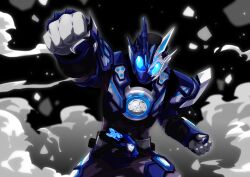 1boy a.i.m.s._shotriser absurdres arm_up black_background blue_eyes clenched_hands commentary compound_eyes gloves grey_gloves highres japanese_wolf_zetsumerisekey kamen_rider kamen_rider_01_(series) kamen_rider_orthros_vulcan kamen_rider_vulcan male_focus otokamu punching simple_background smoke standing straight-on upper_body wolf