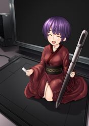  1girl ayakumo blush closed_eyes highres japanese_clothes kimono minigirl monitor open_mouth purple_hair short_hair sitting smile solo speaker stylus sukuna_shinmyoumaru tablet touhou 