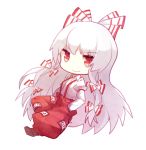  &gt;:) 1girl arm_garter baggy_pants chibi cuivre fujiwara_no_mokou full_body hair_ribbon hands_in_pockets long_sleeves looking_at_viewer lowres no_nose pants puffy_long_sleeves puffy_sleeves red_eyes red_pants ribbon shirt slit_pupils solo suspenders touhou tress_ribbon white_background white_hair white_shirt 