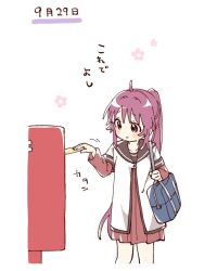  1girl ahoge bag blush_stickers brown_sailor_collar closed_mouth commentary_request cropped_legs dress highres holding holding_letter layered_sleeves letter long_hair long_sleeves namori nanamori_school_uniform ponytail postbox_(outgoing_mail) purple_hair red_dress sailor_collar school_bag school_uniform shirt short_over_long_sleeves short_sleeves simple_background smile solo sugiura_ayano translation_request violet_eyes white_background white_shirt yuru_yuri 