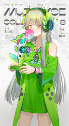  1girl absurdres arknights artist_name asymmetrical_dress blowing_bubbles brown_hair character_name character_print chewing_gum commentary controller copyright_name cowboy_shot dated dress game_controller green_dress headphones highres holding holding_controller holding_game_controller jewelry joy-con lyuqiu mole mole_under_eye muelsyse_(arknights) necklace nintendo_switch_pro_controller orange_eyes pixelated solo virtual_pet_(toy) wide_sleeves 