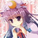  15_(tooka) 1girl bangs blush bow crescent hair_bow hat long_hair patchouli_knowledge purple_hair solo touhou violet_eyes 