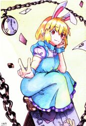  1girl alice_(alice_in_wonderland) alice_(alice_in_wonderland)_(cosplay) alice_in_wonderland animal_ears apron arcueid_brunestud blonde_hair card chain cookie cosplay floating_card food hand_on_own_face highres looking_at_viewer maid maid_apron rabbit_ears red_eyes squatting stopwatch tsukihime tsukihime_(remake) user_mfur2557 v wrist_cuffs 