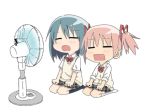  2girls =_= blue_hair chibi electric_fan fan_speaking hair_ribbon kaname_madoka mahou_shoujo_madoka_magica miki_sayaka multiple_girls pink_hair ribbon school_uniform seiza short_hair short_twintails sitting twintails 