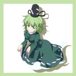 1girl blush breasts cato_(monocatienus) dress embarrassed ghost ghost_tail green_dress green_eyes green_hair hat looking_at_viewer open_mouth outstretched_arms short_hair soga_no_tojiko solo tate_eboshi touhou zombie_pose 