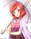  1girl :o blush bracelet bust casual dated highres jewelry looking_at_viewer love_live!_school_idol_project necklace nishikino_maki redhead shirt_on_shoulders short_hair solo umbrella violet_eyes white_background yu-ta 
