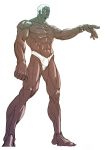  1boy abs barefoot bingoman blue_eyes bulge dark_skin forehead_jewel full_body grey_skin highres muscle outstretched_hand shirtless solo standing street_fighter street_fighter_iii swim_briefs urien white_hair 