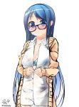  1girl blue_bra blue_eyes blue_hair blue_panties blush bow_bra bra bust cardigan casual collared_shirt covered_navel dated dripping embarrassed glasses kantai_collection long_hair looking_at_viewer nekobaka no_pants panties samidare_(kantai_collection) see-through shirt simple_background sketch small_breasts solo standing twitter_username unbuttoning underwear very_long_hair wet wet_clothes wet_shirt white_background white_shirt 