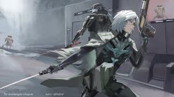  1boy 1other absurdres artist_name asymmetrical_dual_wielding black_coat black_pants closed_mouth coat coat_on_shoulders commentary commission dual_wielding exoskeleton eyepatch grey_hair gun helmet highres holding holding_gun holding_sword holding_weapon looking_ahead mechabare pants pixiv_commission punishing:_gray_raven robot short_hair sodacola sword watanabe:_epitaph_(pgr) watanabe_(pgr) weapon 