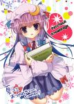  15_(tooka) 1girl book bow character_name crescent hair_bow hat holding holding_book long_hair patchouli_knowledge purple_hair sitting solo touhou violet_eyes wariza 