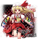  15_(tooka) 1girl ascot barefoot blonde_hair bow character_name flandre_scarlet hat hat_bow leg_lift red_eyes side_ponytail solo touhou wings 