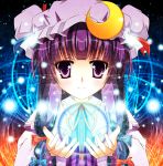  15_(tooka) 1girl bow crescent hair_bow hat long_hair orb patchouli_knowledge purple_hair solo touhou violet_eyes 