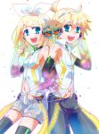  1boy 1girl aqua_eyes arihara_ema bass_clef blonde_hair breasts brother_and_sister elbow_gloves gloves headset kagamine_len kagamine_rin navel no_pupils open_mouth short_hair siblings thigh-highs treble_clef vocaloid 