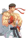  1boy bag bingoman black_hair clothes_around_waist dougi duffel_bag eyebrows facial_hair fingerless_gloves gloves hand_on_hip headband muscle rope ryuu_(street_fighter) shirtless short_hair solo standing street_fighter street_fighter_iii stubble thick_eyebrows 