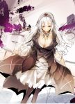  1girl black_dress black_feathers black_legwear breasts cleavage dress frills hairband large_breasts lolita_fashion long_hair puffy_sleeves red_eyes rozen_maiden silver_hair sketch smile solo suigintou tousen wings 