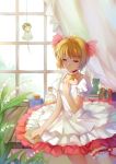  1girl antenna_hair book bottle brown_hair cardcaptor_sakura character_doll choker closed_eyes curtains dress duximeng flower frilled_sleeves frills hair_ribbon hand_on_own_chest highres holding kinomoto_sakura letter li_xiaolang lily_of_the_valley petticoat puffy_short_sleeves puffy_sleeves ribbon short_hair short_sleeves short_twintails single_thighhigh solo star stuffed_animal stuffed_toy teddy_bear teruterubouzu thigh-highs twintails white_dress white_legwear window 