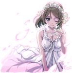  1girl breasts brown_hair cleavage dress glasses glasses_removed grey_eyes holding holding_glasses jewelry kantai_collection kirishima_(kantai_collection) petals ring saitou_teikoku short_hair solo wedding_band winking 