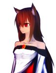  1girl animal_ears bare_shoulders breasts brooch brown_hair collarbone dress imaizumi_kagerou jewelry long_hair looking_away red_eyes renshou_hito simple_background solo touhou white_background wolf_ears 