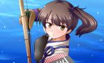 1girl arrow bow_(weapon) brown_eyes brown_gloves brown_hair bust flight_deck from_above gloves japanese_clothes kaga_(kantai_collection) kantai_collection mono_(mono60) muneate ocean short_hair side_ponytail solo weapon yugake 