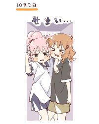  >_< 2girls black_shirt blue_skirt blush_stickers brown_hair brown_shorts closed_eyes collared_shirt commentary_request contrast_collar cramped cropped_legs fang green_eyes hair_bobbles hair_ornament hairclip highres multiple_girls namori oomuro_sakurako open_mouth pink_hair pleated_skirt shirt short_hair shorts simple_background skirt small_sweatdrop translation_request twintails v-shaped_eyebrows white_background white_shirt yoshikawa_chinatsu yuru_yuri 