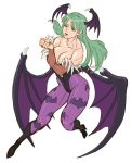  1girl bare_shoulders bat_print bingoman boots breasts bridal_gauntlets cleavage demon_girl elbow_gloves gloves green_eyes green_hair head_wings knee_boots large_breasts leotard long_hair morrigan_aensland muscle pantyhose print_legwear solo succubus thick_thighs thighs toned vampire_(game) 