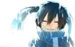  1girl artist_request black_hair blue_hair closed_eyes ene_(kagerou_project) fading headphones jersey kagerou_project open_mouth sleeves_past_wrists smile solo twintails white_background 