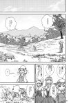  4girls absurdres comic earmuffs hakama haori hat highres hijiri_byakuren japanese_clothes kochiya_sanae monochrome moriya_suwako multiple_girls sakana_(ryuusui-tei) straw_hat sweat touhou toyosatomimi_no_miko tree yotsubato! 