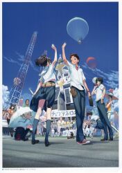  6+boys 6+girls absolutely_everyone absurdres aircraft airi_(robotics;notes) back_peek banner bare_shoulders belt belt_pouch black_shoes blonde_hair blue_skirt blue_sky blue_socks bow breast_pocket brown_eyes brown_hair charm_(object) chasing checkered_pouch chest_bow chuo_tanegashima_high_school_uniform clothes_lift clouds cloudy_sky collared_shirt crop_top daitoku_junna everyone exoskeleton flag flagpole frilled_umbrella frills fujita_tetsuharu fukuda_tomonori gloves gunvarel hidaka_hiromu hidaka_subaru highres holding holding_flag holding_megaphone holding_tablet_pc holding_umbrella holding_wrench holster hot_air_balloon irei_mizuka jacket japanese_flag kimijima_kou kneehighs kneepits koujiro_frau leather leather_jacket loafers long_hair mecha megaphone miniskirt motor_vehicle multiple_boys multiple_girls nagafukada_sumio nakafukada_mitsuhiko non-web_source official_art open_collar open_mouth orange_tank_top pants pleated_skirt pocket pouch radio_tower red_shirt red_shoes ribbon robot robotics;notes running sailor_collar school_uniform senomiya_akiho senomiya_ken'ichiro senomiya_misaki serafuku shirt shirt_lift shoes short_hair short_sleeves single_glove skirt sky sleeveless smile sneakers socks sphinx t-shirt tablet_holster tablet_pc tanegashimachine-3 tank_top tennouji_nae toshiyuki_sawada toy_robot truck twintails umbrella usui_kaoruko watch watch white_background white_gloves white_shirt work_gloves wrench yashio_kaito 