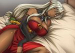  1girl antenna_hair bare_shoulders bed bol_(liliymimi) breasts dark_skin detached_sleeves highres large_breasts long_hair lying nitroplus on_side pink_eyes pointy_ears sansei_muramasa silver_hair solo soukou_akki_muramasa 